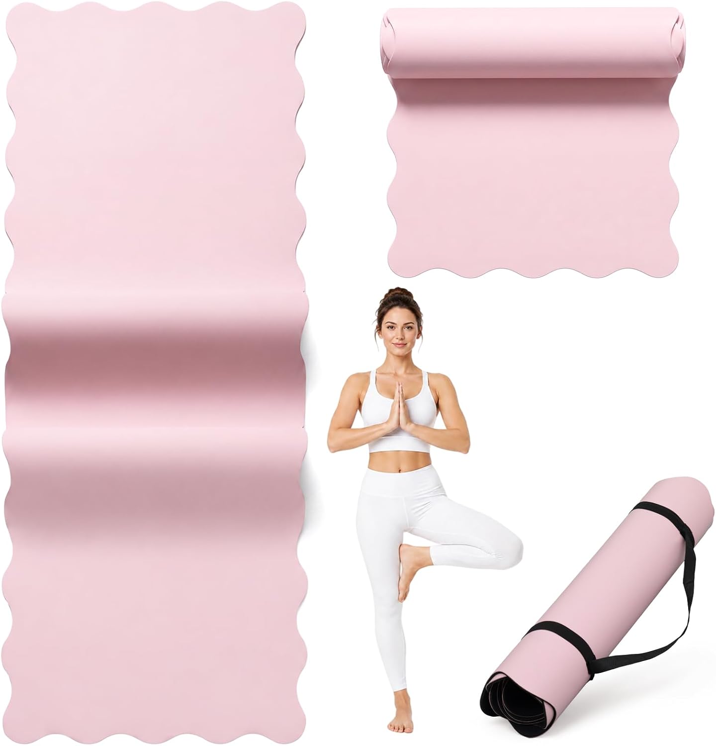Scalloped Edge Yoga Mat, 72" x 27" Pink Rubber Pilates Mat